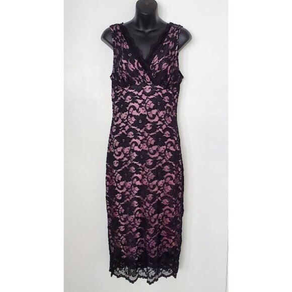 Black Floral Lace Dress Pink Lining Sleeveless V-Neck Mica Size L Whimsigoth - Picture 1 of 10